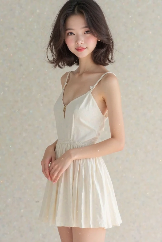 Loli,flat chest, standing, full body,short hair, short dress,summer dress, white dress, nighty gown