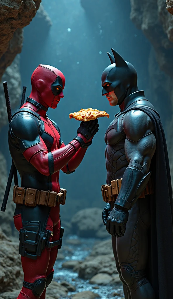 Deadpool eating burger with Superman