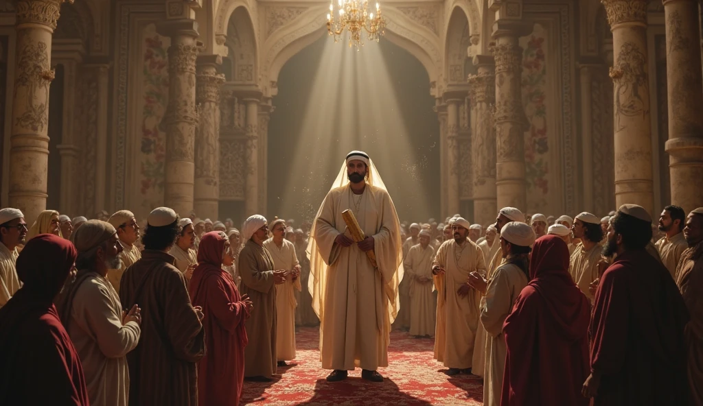 Generate a realistic image of Joseph of Egypt dressed in his robes, in a leadership position, addressing a crowd. A imagem deve transmitir autoridade e carisma, capturing the attention of the people around you. Make sure the scene depicts Joseph as a respected and influential ruler, with facial expressions and gestures that denote confidence and leadership. The image should be sharp and high resolution. Por favor, crie essa imagem