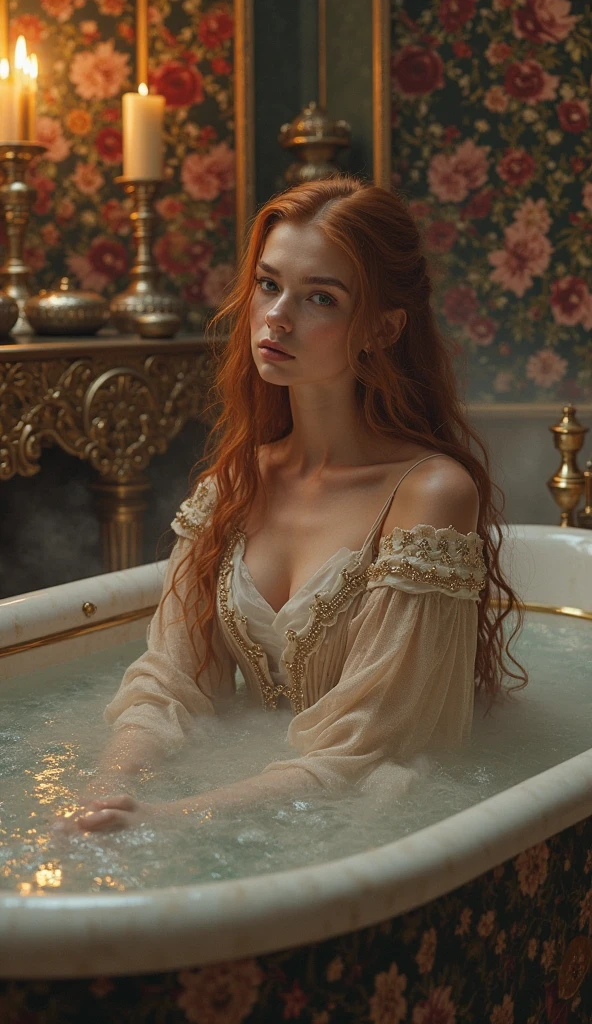 A gorgeous medieval queen in a sumptuous bath chamber, her slender body artfully obscured by the frothy embrace of bubble-laden foam. The queen reclines with regal poise in a sunken marble tub filled with steaming water that reflects the warm, flickering glow of candles perched on intricately carved wooden sconces along the chamber's arched walls. Her auburn hair, loosely tied with a string of pearls, cascades over her right shoulder, revealing a delicate neck and a gentle curve of her bare back. The foam, like a lacy veil of white, clings to her skin, hinting at the voluptuousness beneath. Her left hand languidly holds a silver chalice filled with a fragrant potion, which is the source of the enveloping bubbles. The chamber's grandeur is evident in the gold-leaf detailing on the high ceiling, the vibrant tapestries depicting scenes of courtly love, and the plush velvet drapes that frame the large windows, allowing a soft light to bathe the room. The queen's expression is one of relaxed serenity, her eyes closed as if lost in private contemplation or perhaps savoring the sweet whispers of a distant melody. The air is thick with the scent of exotic flowers and the gentle sounds of trickling water from a nearby fountain, creating an atmosphere of luxurious seclusion. Her royal garments, a blend of rich fabrics and gleaming jewels, are carelessly strewn across an ornate chair, a stark contrast to the simplicity of her current state. This intimate portrait of royal indulgence is a testament to the queen's beauty and power, her private sanctuary a testament to the opulence of the era.