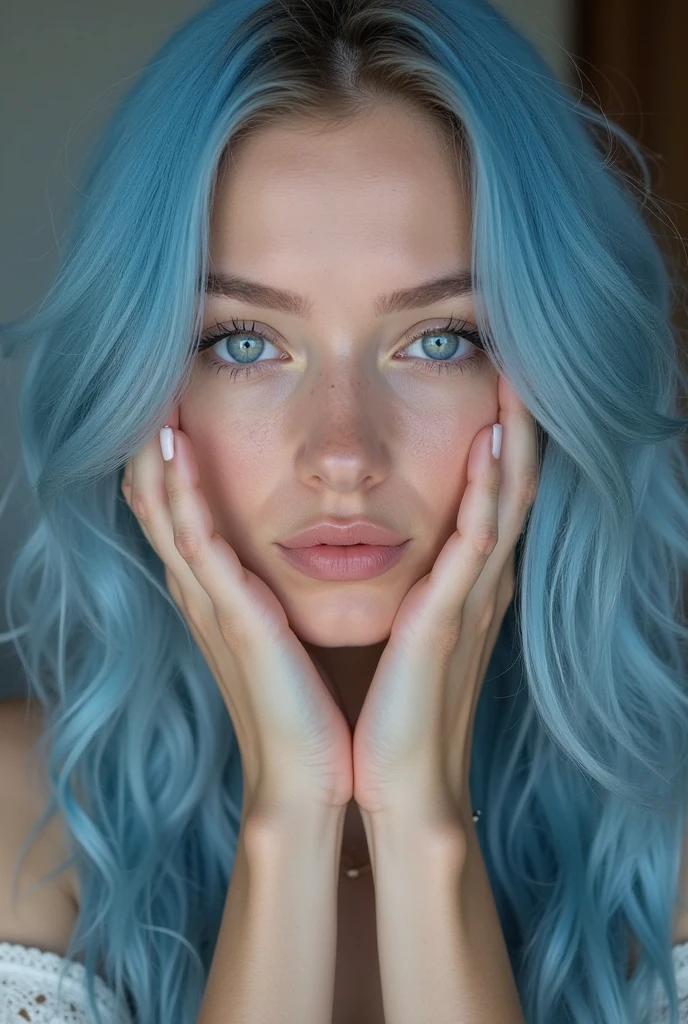 beautiful American girl, (small lips: 1.2), angular face, sharp features, smooth chin, electric blue hair, shy look, 18 years old girl, ( focus on face, shallow focus:1.2), in bathtub, 4k, natural lighting, film grain