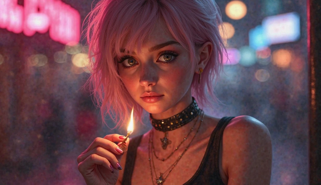 photograph of a woman, (troubled facial expression), textured skin, goosebumps, pink hair, plaid flannel shirt with distressed boyfriend jeans, cowboy shot, dark and mysterious cave with unique rock formations and hidden wonders, perfect eyes, (candlelight,chiaroscuro)