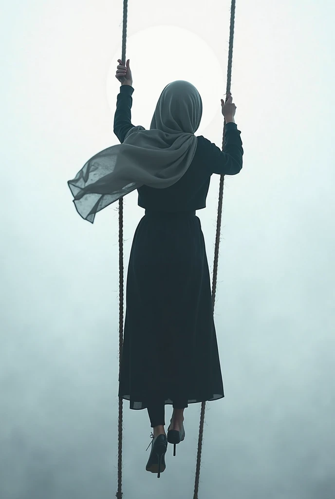 a beautiful woman wearing a long hijab l, wearing black long linen dress,hangs upside down from a tree, the background is a night view, photo, cinematic