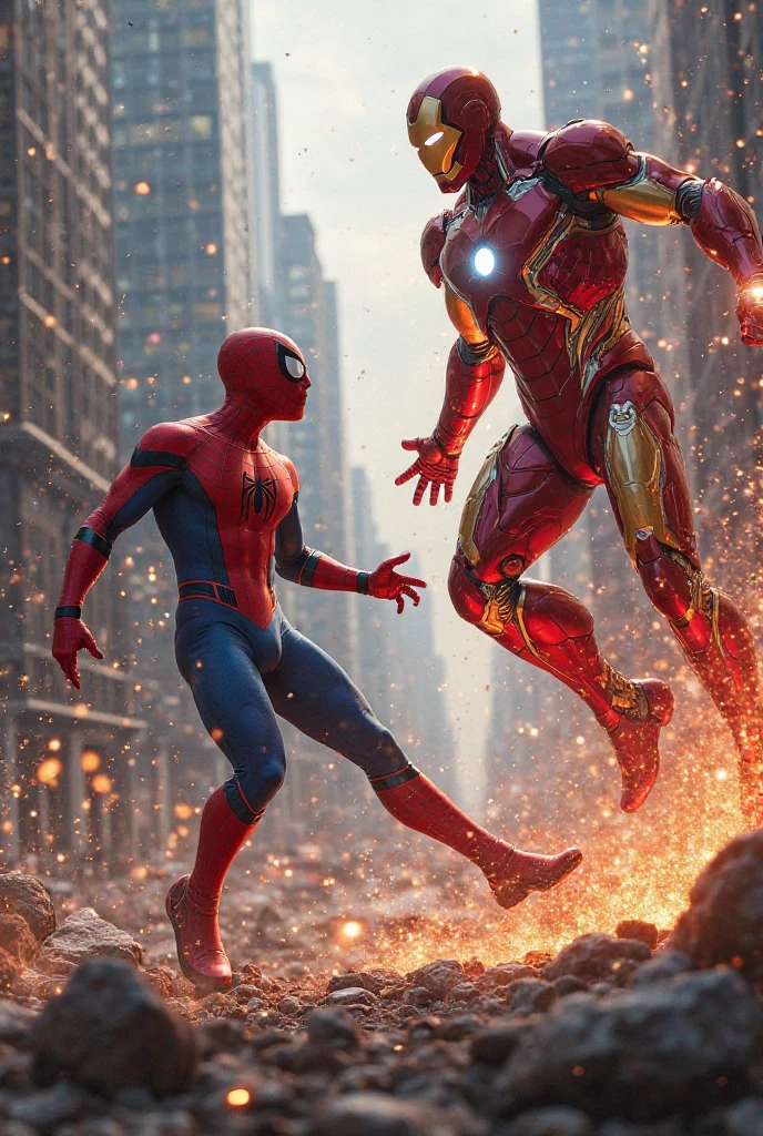 Iron man fighting with spider man at mountain