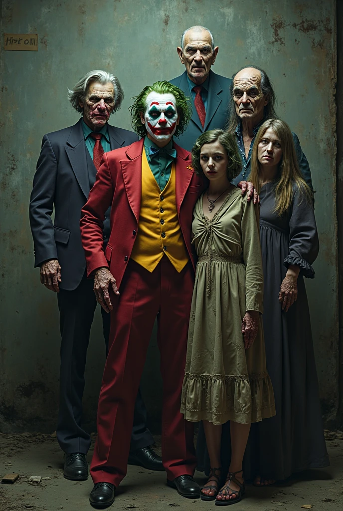 A dramatic picture of joker, his wife and their 2 childrens, photo studio style, center, rendered in a cinematic style with extreme realism and detail, full body shot