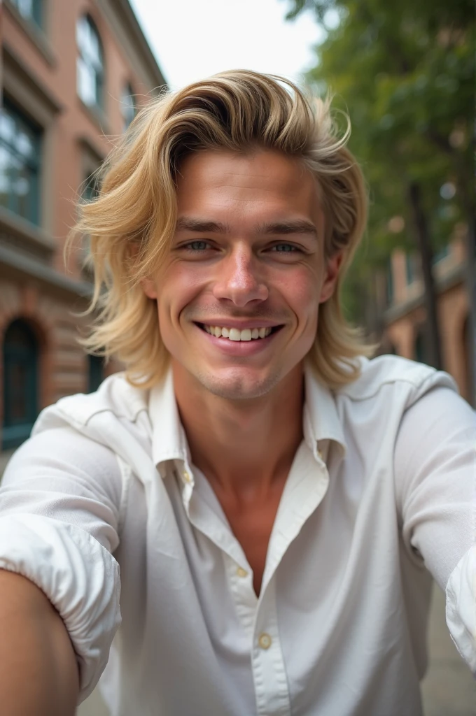 European blond man with mashed hair smiling