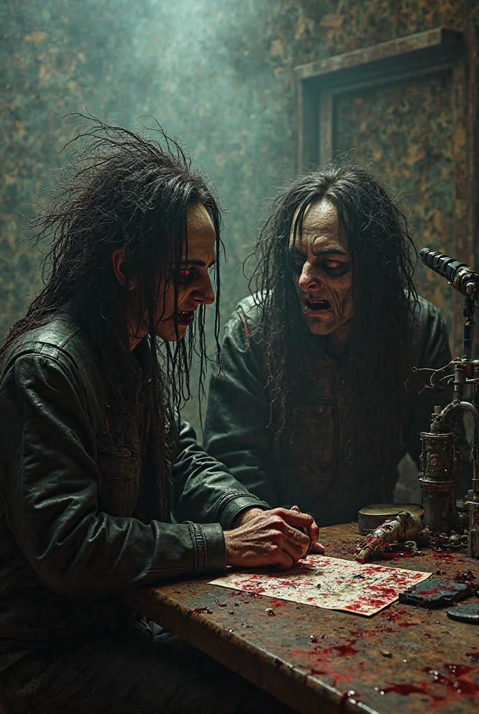 satanic ritual, three guys in black robes, three guys, sacrificing animals with blood, candles and skulls