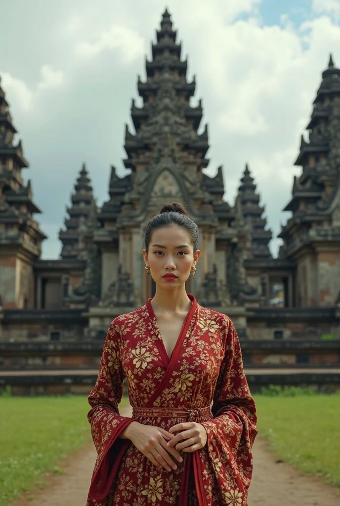 Photograph a beautiful woman in a traditional Javanese kebaya standing gracefully in front of Borobudur Temple, with the ancient stupas in the background illuminated by the soft morning light.