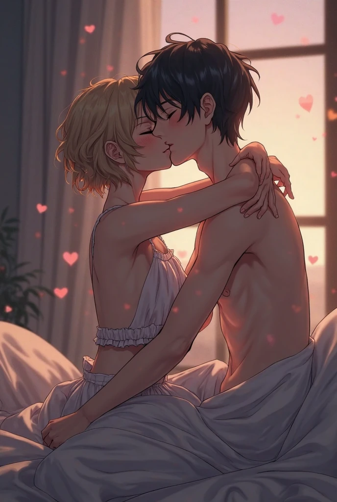 Beautiful couple hugging and kissing passionately in bed, the bed has sunflowes, the girl and the bot are lying down kissing, both of them screwed
(girl: short, big eyes but not too much with a loving look, not so long elf ears and in her left ear a ruby-colored earring, long hair with a black bow on the side of her hair, blondie hair, super tiny , She is wearing the boy's white shirt, (girl: white skin:1.3)), (guy: brown eyes with glasses, thin like shinji from Evangelion, the shirtless boy), (white skin:1.3), a modern and romantic room (best quality, 4k, 8k, high resolution, masterpiece:1.2), ultra detailed, (realistic, photorealistic, photorealistic:1.37), HDR, UHD, studio lighting, ultra-fine painting, sharp focus, physically based rendering, extreme detail description, professional, vivid colors, bokeh, romantic, cinematic, dramatic lighting, warm color palette, bright moonlight, dreamlike, ethereal