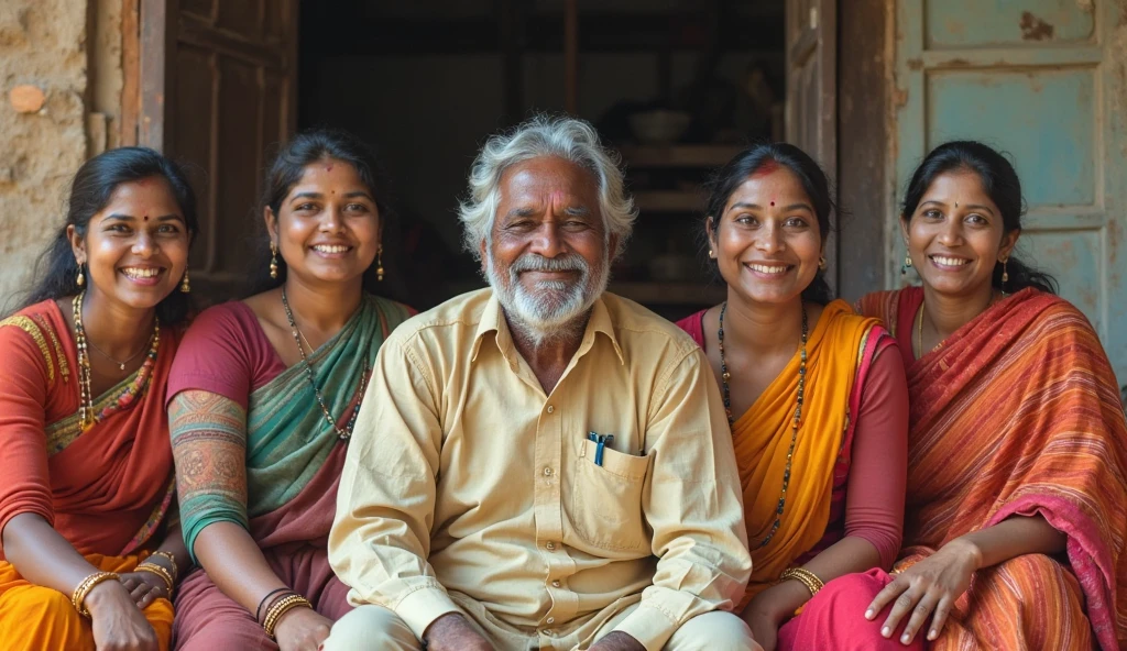 An elderly group of robust indian women with beards and moustaches, dressed in sarees