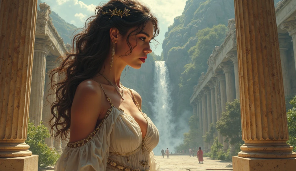 Incredible fantasy city, mega skyscrapers, flying cars, space elevator towers, Super Detail, trees, flowers, Many different buildings, spaceships in the sky, Ultra detail, many elements, blue and gold, yellow numbers on the towers, Character incredibly beautiful girl, posing in front of a ретро car, full length, stands on the balcony, leash around the neck, , submission, disturbance, aggressive car shape, expensive convertible., Incredibly beautiful face, very detailed face, Detailed eyes, detailed hair, Expensive earrings, nipple piercing, diamonds, Emeralds, Rubies, turquoise, correct anatomy, Thin body, Super Detail тела, many small details of the dress, Incredible fantasy city, mega skyscrapers, flying cars, space elevator towers, Super Detail, trees, flowers, Many different buildings, spaceships in the sky, Ultra detail, many elements, blue and gold, yellow numbers on buildings, straight and smooth lines, Street, evening, A lot of cars, sharp lines, contrast, City River, water fall, trees по берегу, fault in the earth's square, deep crevice, You can't see the ground, Very high, helicopter landing pads, interceptor hangars, золотой автомобить, неоновая подсветка днища, цветы, много цветов яркого красного цвета, ретро автомобиль, винтажный автомобиль 1939 года, одета в белой майке, мокрая майка , дождь, мокрый асфальт, на голове яркая индейская корона с перьями и цветами, наводнение, брызги от капель,