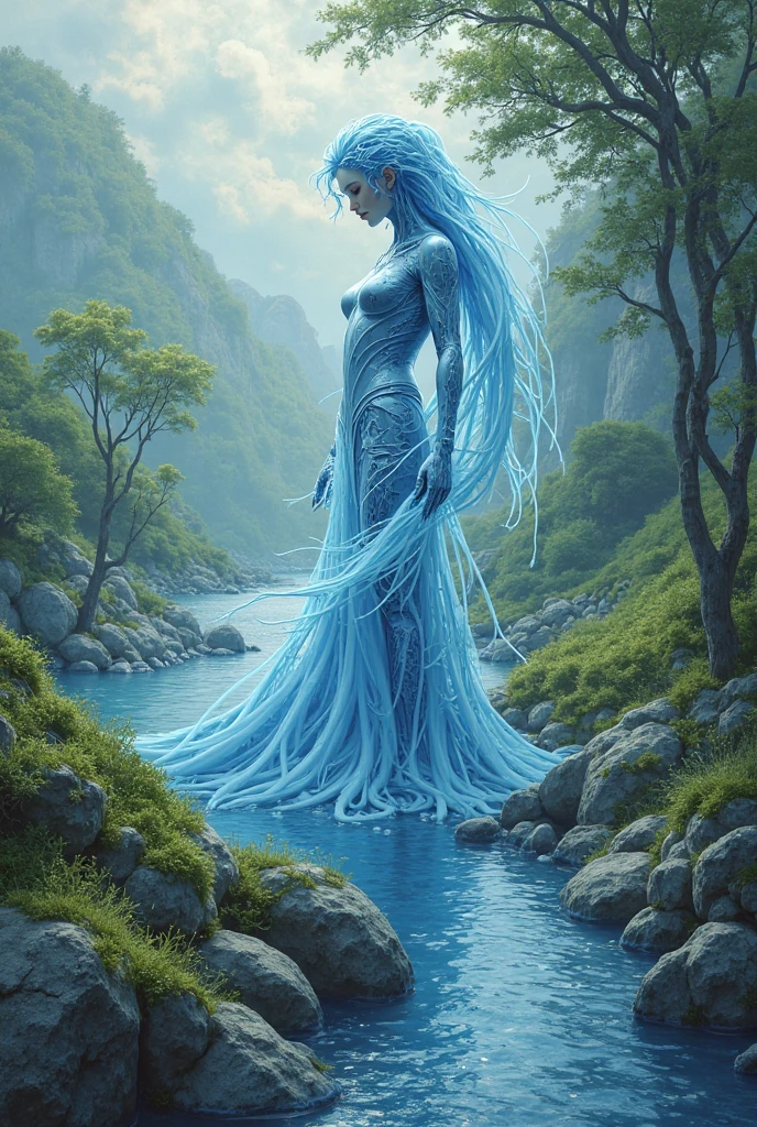 High Resolution, High Quality, Masterpiece. From the falling waterfall stream, the outlines of a figure similar to a beautiful female one consisting of waterfall water are formed. It's a Water Elemental. The completely transparent water figure repeats the beautiful face and figure of a gorgeous woman. The waterfall is located in a magnificent canyon in the mountains covered with forest and flowers with icy peaks. Hyperrealism. Hyperdetalization. 32k. stunning, something that even doesn't exist, mythical being, energy, molecular, textures, iridescent and luminescent scales, breathtaking beauty, pure perfection, divine presence, unforgettable, impressive, breathtaking beauty, Volumetric light, auras, rays, vivid colors reflects golden ratio, cinematic, ultra realistic., 8K artistic photography, photorealistic concept art, soft natural light, volumetric atmosphere, cinematic chiaroscuro