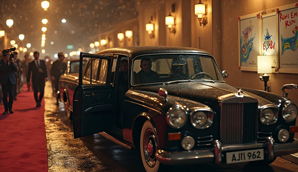 Vintage car on the street of London, at rain, in the evening, Victorian style, Realistic retro photo