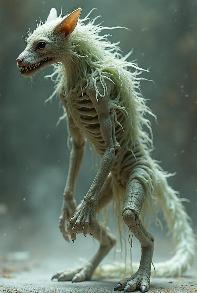 A creepy cryptid inhabiting abandoned, decaying ruins. It has the gaunt, elongated body of a large canine, with patches of mangy fur and exposed, skeletal structures. Its eyes are hollow, glowing with an eerie green light, and it has a mouth filled with jagged, uneven teeth. The creature moves with a ghostly grace, its long limbs making no sound as it navigates the rubble. Its tail is long and whip-like, used to sense vibrations in its surroundings. The creature’s skin is covered in fungal growths, giving it a sickly, decayed appearance, and it emits a faint, unearthly howl that chills anyone who hears it.