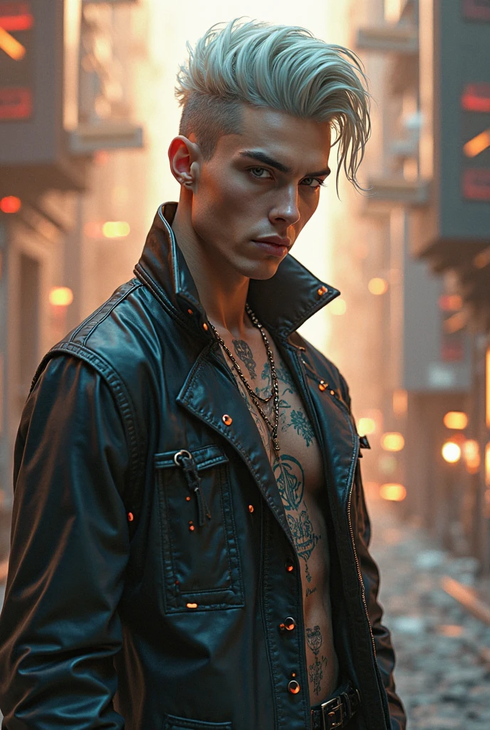 "dark theme :: closeup face focus, ultra realistic futuristic cyberpunk muscular male white hair sitting :: cyberpunk face (cyber eyes) :: cool cybernetic punk jacket red neon eyes :: shirtless :: natural lighting :: bokeh :: 8k :: best quality :: masterpiece :: futuristic cityscape background"