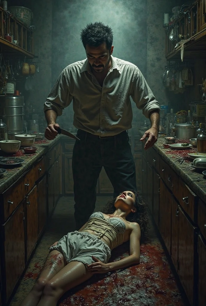 Clever Italian police detective, standing over murdered girl, wearing tan over coat, smoking, holding notebook, cheap hotel room, plaster peeling, whiskey, dead body of teenage girl, dirty girl books on bed, blood spatter, blood drops, ropes, tape, murder, , candles, tinctures, herbs, charms, talismans, style of Euro Fumetti comic books, Dario Argento, Mario Bava, erotic illustration art style, Lomo effect, satanic, creepy, strange, bizarre, retro, subdued diffused red and green back lighting, Cinematic Volumetric Lighting, HD, 8x, intricate, retro, old times, 1960s, 1970s[SAGITTARIUS] written on the wall in blood
