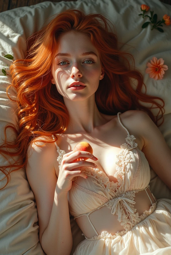 a very beautiful woman lying covered in red roses,body covered with flowers, very hot body, long orange hair spread out on the floor, camera view from above, whole body in picture, black lips, bright glowing eyes, blue eyes like crystal, perfect body