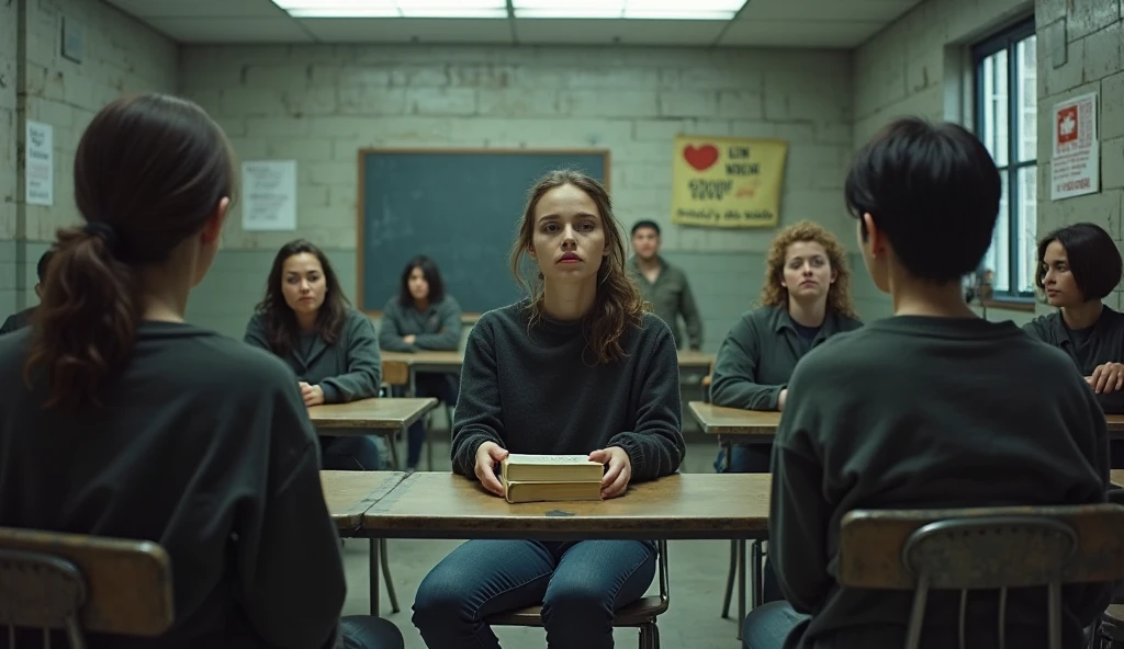 Windowless Penitentiary A hyper-realistic photo. A dimly lit, windowless prison classroom with ...