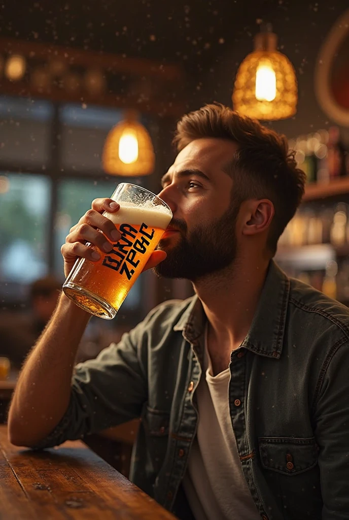 A man drinking beer while it rains