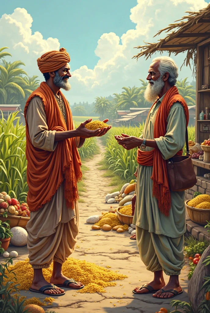 Dhruv Sharing His Harvest with the Village
Description: In a comic style, Dhruv is shown sharing his harvested crops with the villagers. He’s distributing sacks of grain to the villagers, still wearing his white dhoti and brown kurta. The villagers, who are dressed in colorful traditional attire, are smiling and thankful.