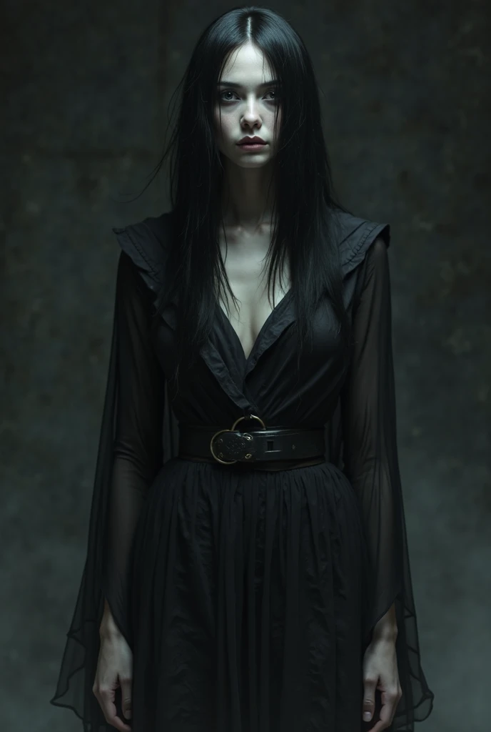  white girl with black hair from head to toe full body. 
