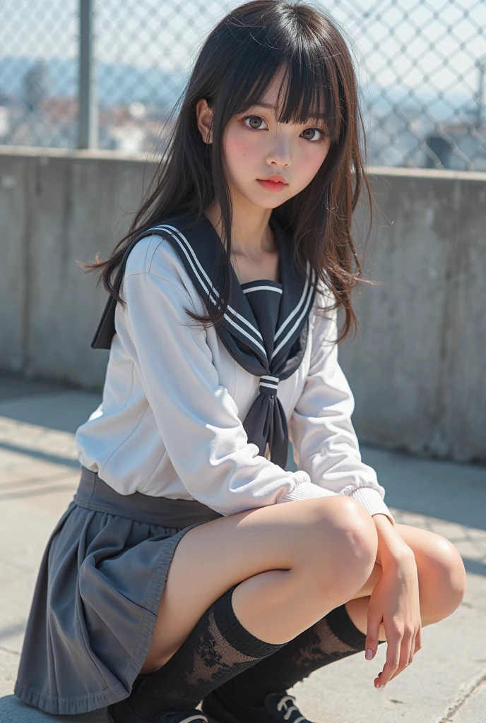 Dark hair、shorth hair、a sailor suit、skinny  body、White panties、Thin clothes of fabric、When wet in the rain, clothes become transparent、with round face、very droopy eyes、red-lips、hi-school girl、japanes