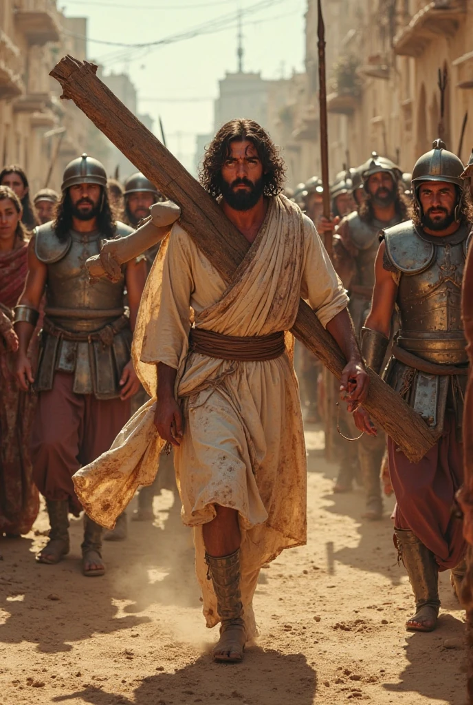 Roman soldiers bringing Jesus with a big cross on his back his body covered in blood