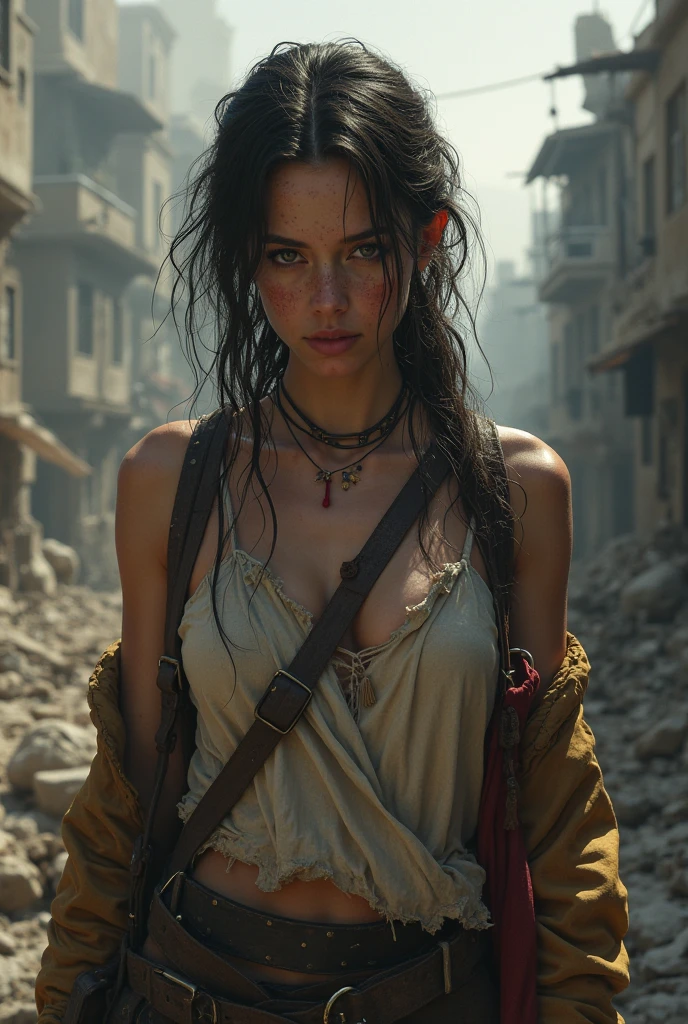 A beautiful brunette teen in a post apocalyptic world weary torn skimpy clothes barely surviving