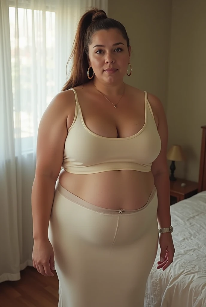 A 45-year-old woman with brown hair and tanned, leathery skin, a little chubby, with large breasts, wearing a tight, transparent white blouse., a transparent black mini skirt above her thighs and pleased, with a red thong sticking out of her mini skirt posing at the door