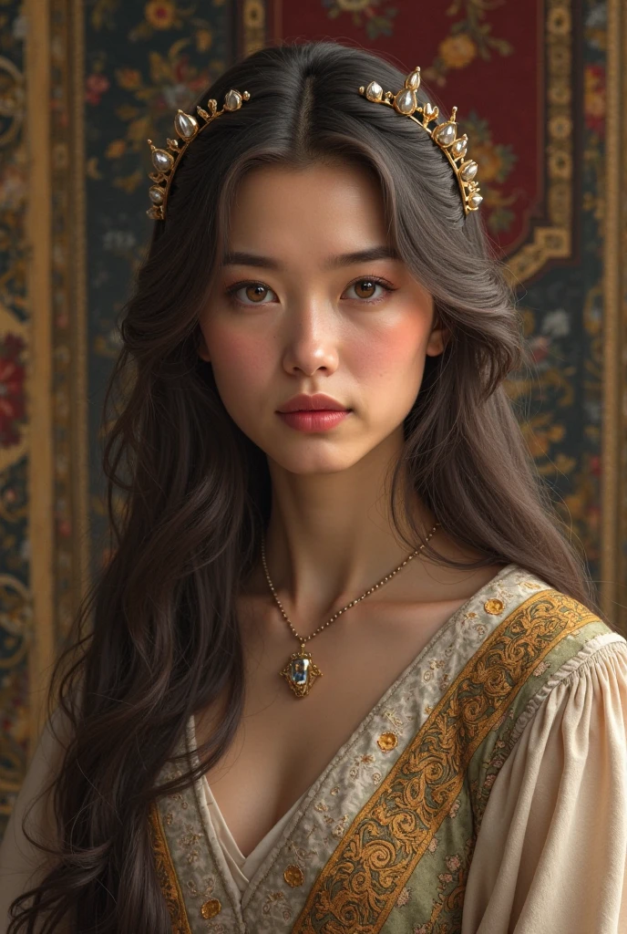 Hyperrealistic illustration of a Russian woman with dreadlocks, tattoos, and full lips, wearing traditional clothing and surrounded by mystical elements, highly detailed lifelike painting in the style of Ilya Repin and Ivan Kramskoy. (Long shot), atmospheric lighting, intricate details on clothing and facial features