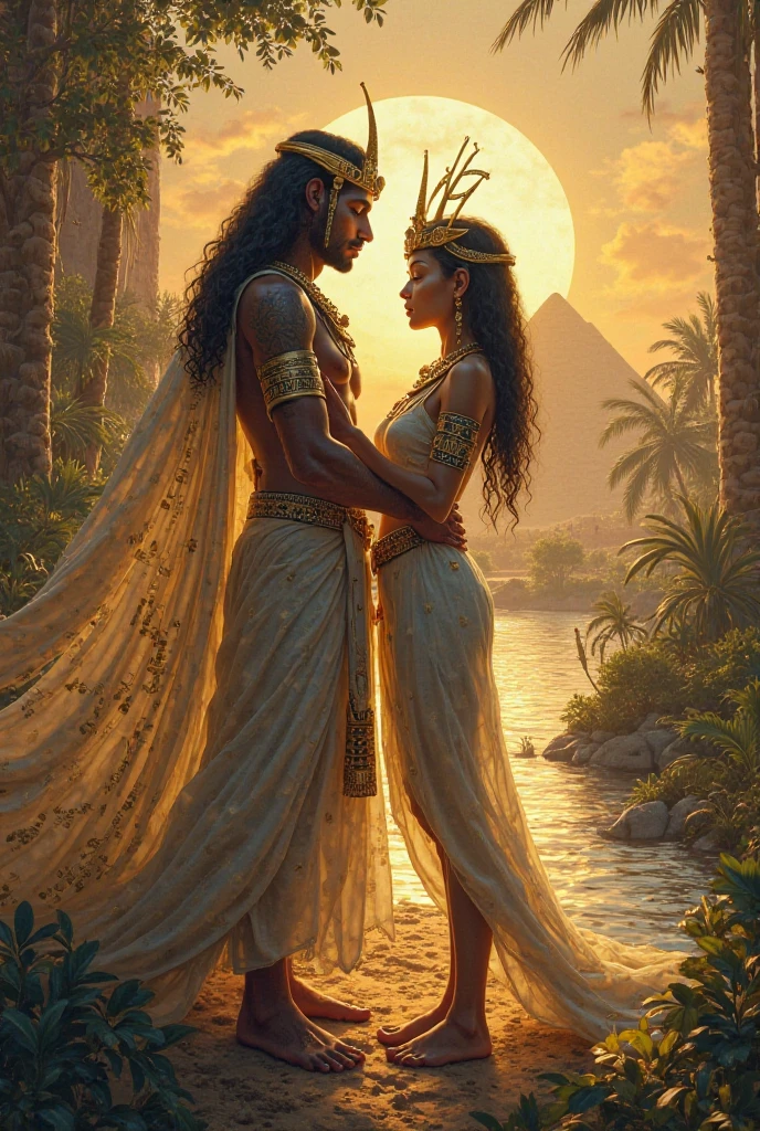 Show Shu and Tefnut from Egyptian mythology together in a harmonious scene, showing their roles in the creation of the universe. Use realistic details, vibrant gradient colors, and a detailed background. Ensure masterpiece, best quality, CG, wallpaper, HDR, high quality, ultra detailed face, cinematic, high detail, 8k, raw, high, artstation HQ, unreal engine, octane renderer, 4k resolution, hyperrealistic, highly detailed, and absurdres settings