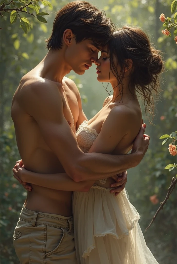 (best quality,4k,8k,highres,masterpiece:1.2),ultra-detailed,(realistic,photorealistic,photo-realistic:1.37),topless couple man and women, kissing each other,sensual,passionate,embracing in a lush garden,gentle breeze,whispering love words,intimate connection,intertwined bodies,sunlit atmosphere,romantic sunset backdrop ,flowing hair, caressing hands,tender expressions,delicate touch,dreamy ambiance,innocent yet sensual,melting into each other's arms,blissful moment,divine love,subtle chemistry,enchanting background, serene environment,vibrant colors,dramatic play of light and shadow,subtle playfulness, captivating gaze,love in the air
