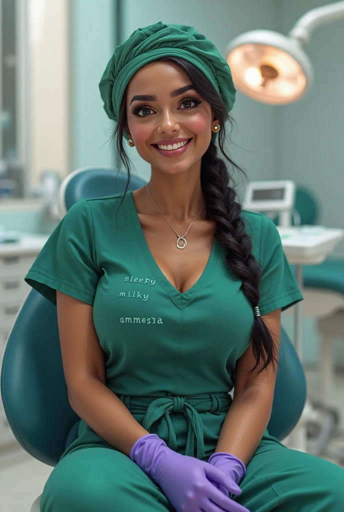 (muste piece, highest quality)((8k)),full body ,super detailed,((high quality)),dentist, muslem girl,arab girl ,blue eyes ,photorealistic,dark bronze shiny skin,beautiful female model,((dentist dr ,wearing dress,Surgical white gown, bra set, black blouse,arabic traditional  dress,traditional bra ,black turban  )) big tits, whitestockings, perfect face, beautiful face, attractive, big gorgeous ass,very big tits,big ass ,thin waist, open leg ,horny , ((in clinic)) ,horny, (shiny skin), she is wet and intimate, she has a submissive expression, direct eye contact, hyperrealistic, unreal engine 5, 8K
