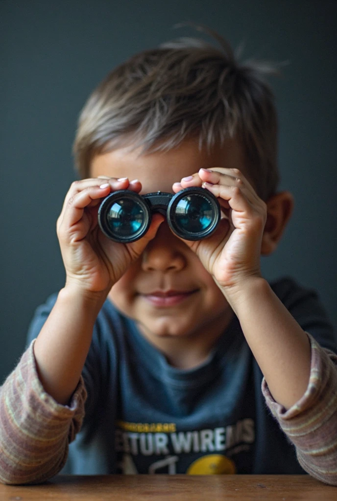 child smiling with hands on face, doing a binocular imitation with fingers on white background