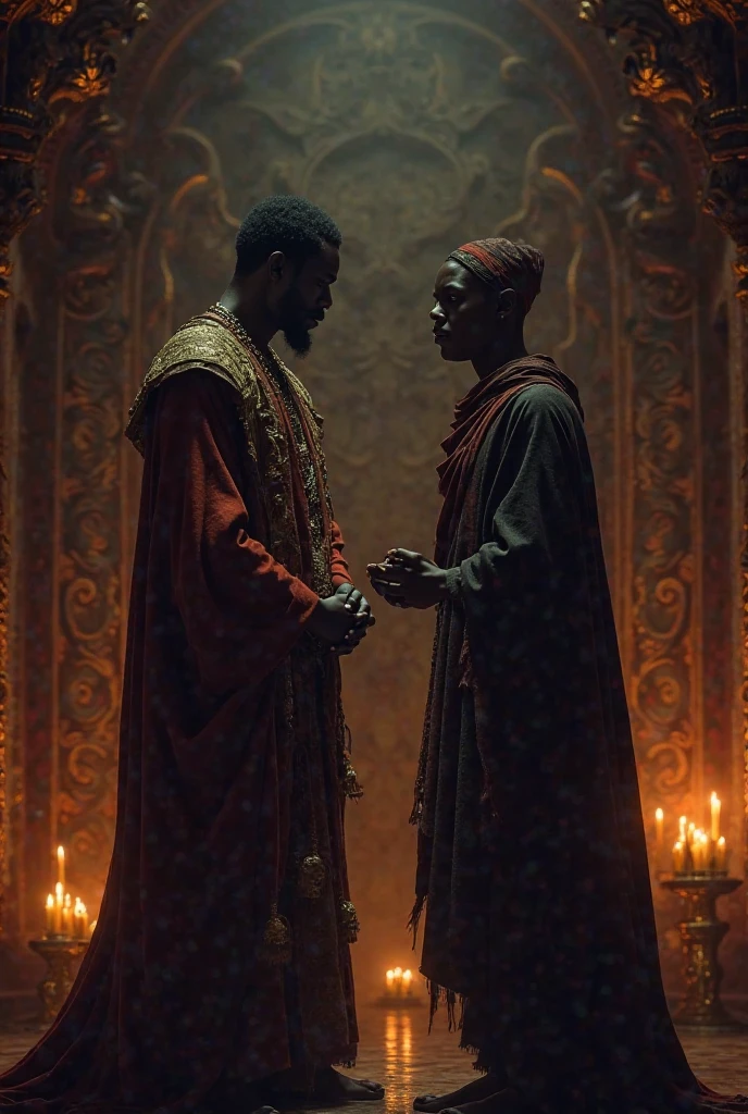 Une scène où un prince africain est trahi par son frère, avec des regards de trahison et de douleur.