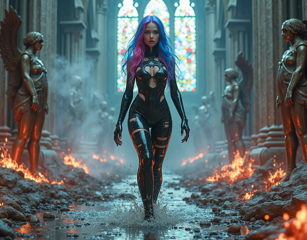a beautiful cyborg warrior in the style of RustMagic, cyberpunk augmentation, cyberware, cyborg, carbon fiber, chrome, implants, metal skull, cybernetic plate armor, (futuristic atmosphere: 1.2), (super futuristic buildings), (neon light: 1.3 ), cyber punk, (medium length shaggy colored hair: 1.1), (shadow: 1.1), (beautifully detailed brightness: 1.2), (cinematic lighting), intricate details, highres, rounded eyes, detailed facial features,  Sharp focus, smooth, aesthetic, detailed dark industrial factory background, elegant pose, dynamic pose, (dramapaint), (opt-6000: 0.9)