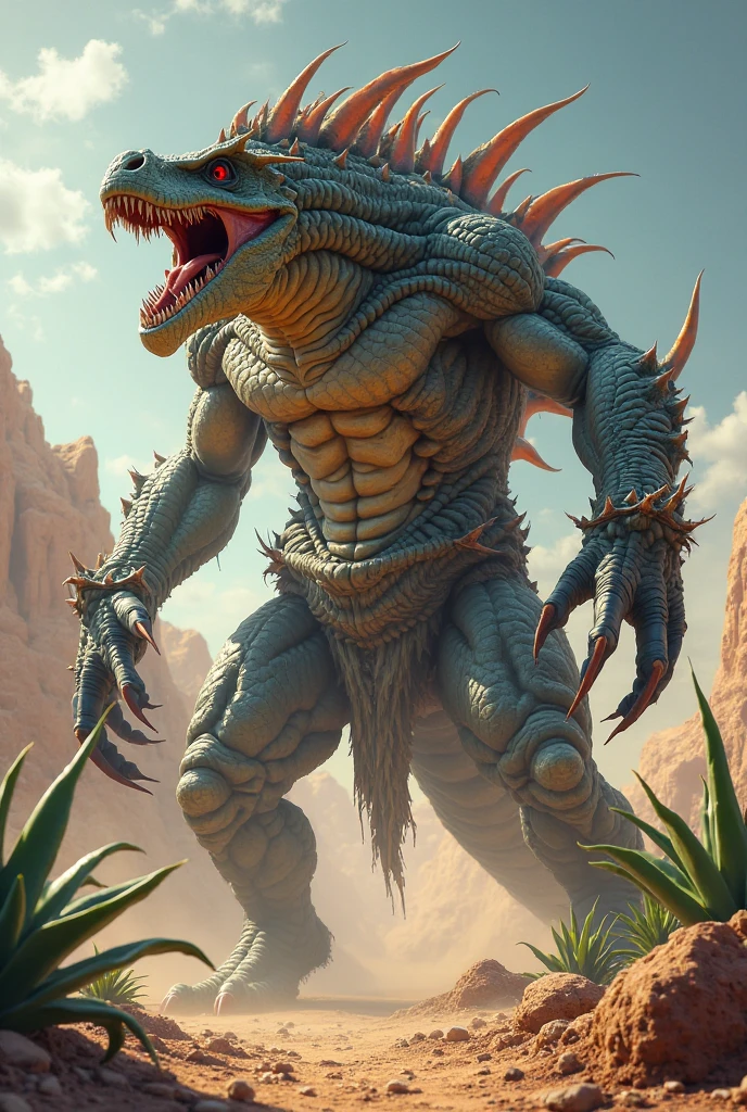 A monster with dinosaur parts,snake,day,cactus,aloe vera,sword