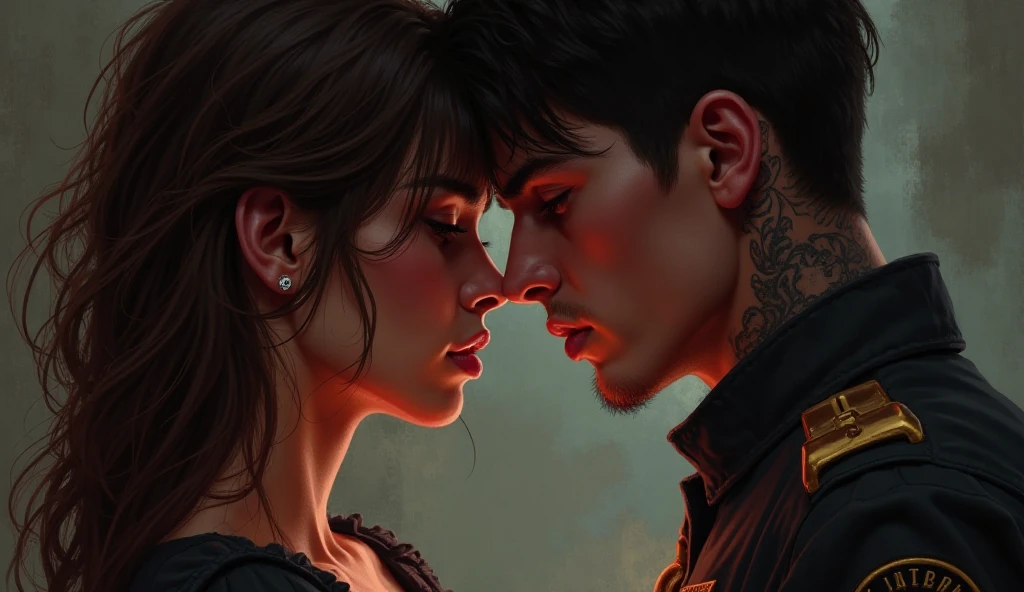I created a cover where my protagonists are looking into each other's eyes and the sexual tension is noticeable., desire and love in his gaze A blond man, messy hair, tall and piercing blue eyes. Sharp, masculine features, let the Adam's apple be seen.
A short woman, shoulder length hair, black and semi wavy, fine and elegant features, She has dark eyes.