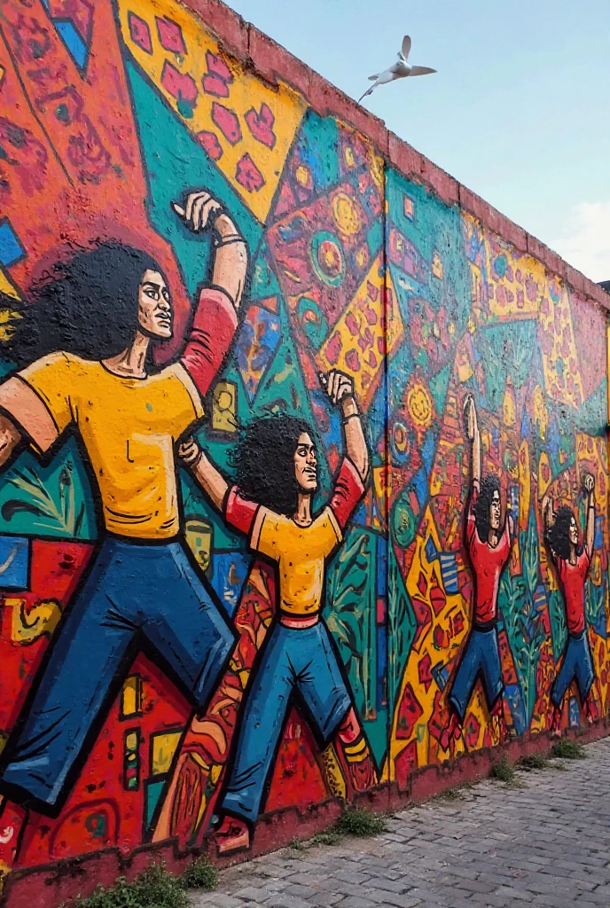 Graffiti on the wall of a white house,Graffiti of men and women dancing samba,Rastafarian