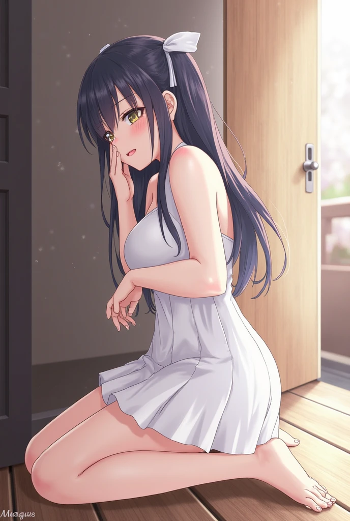 ((masturbation)), (((touch inside her vagina with her hand))), (drooping eyes, eyes with realistic sizing, realistic skin), dark-brown-iris, thin thighs, eccentric pose, (casual dress with all sorts of pattern), ((sweat)), (spread her legs, pubic hair), (((open mouth, blush))), terrace on the sidewalk downtown, sky, road, angle from diagonally below, (a big plastic bag), line art,