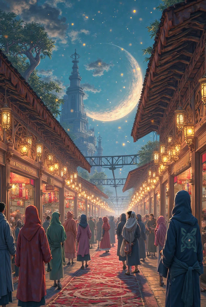 big mosque, muslim, muslim walking alone, hijab, islam, As twilight blankets the realm, the heavens come alive with a celestial spectacle. Countless stars twinkle like shimmering diamonds, their ethereal glow casting a soft illumination upon the landscape. The moon, radiant and full, bathes everything in a gentle silver light, accentuating the enchantment that lies within. At the heart of the composition stands a majestic mechanical frog—a testament to both artistry and engineering prowess. Crafted with meticulous detail, its metallic frame gleams in the moonlight, adorned with ornate patterns and intricate engravings. Gears and mechanisms intertwine seamlessly, bringing the creature to life with graceful movements. a mesmerizing marvel of human innovation and imagination. Mosque adorned with neon lights reach towards the heavens, their vibrant hues painting the night sky with a kaleidoscope of colors. Tiny windows flicker like stars, revealing glimpses of bustling activity within the city's vibrant streets. As the mechanical frog traverses the landscape, its steps create a gentle rhythmic hum that reverberates through the air—a symphony of wonder and possibility. Each hop is a delicate dance, leaving behind a trail of glittering stardust that twinkles like a celestial pathway. The surrounding environment is a harmonious blend of nature and fantasy. Lush greenery and blooming flowers flourish beneath the moon's gentle gaze, their petals embracing the night with delicate fragrances. Majestic trees, their branches adorned with luminescent moss, stand sentinel, casting surreal shadows upon the landscape. A winding river meanders through the scene, its waters mirroring the starry spectacle above. It whispers secrets as it flows, weaving a tale that only those who listen closely can understand. Along its banks, fireflies illuminate the darkness with their gentle glow