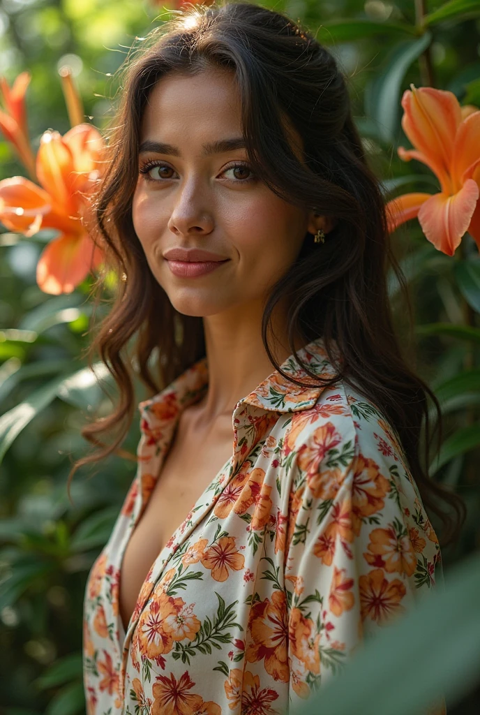 A Brazilian woman in a lush tropical garden, wearing an open shirt with a floral print, with a close-up capturing the harmonious beauty between her breasts and the natural flowers, showing your natural charm