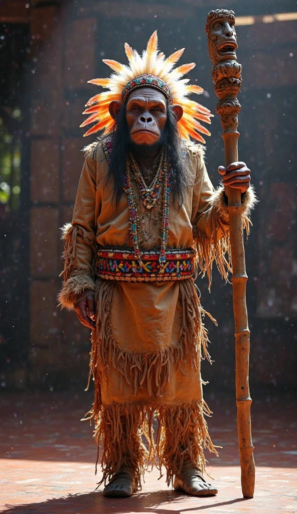 Chimpanzee ((Indian Shaman)),,((meditative state),,Shaman, elegant chimpanzee, hair with details, with Indian headdress on head, ((meditating)) many colorful feathers, colorful feathers, facing the camera, detail: dense tropical foliage, highly detailed intricate, ((masterpiece)), ultra hyperrealistic, masterpiece