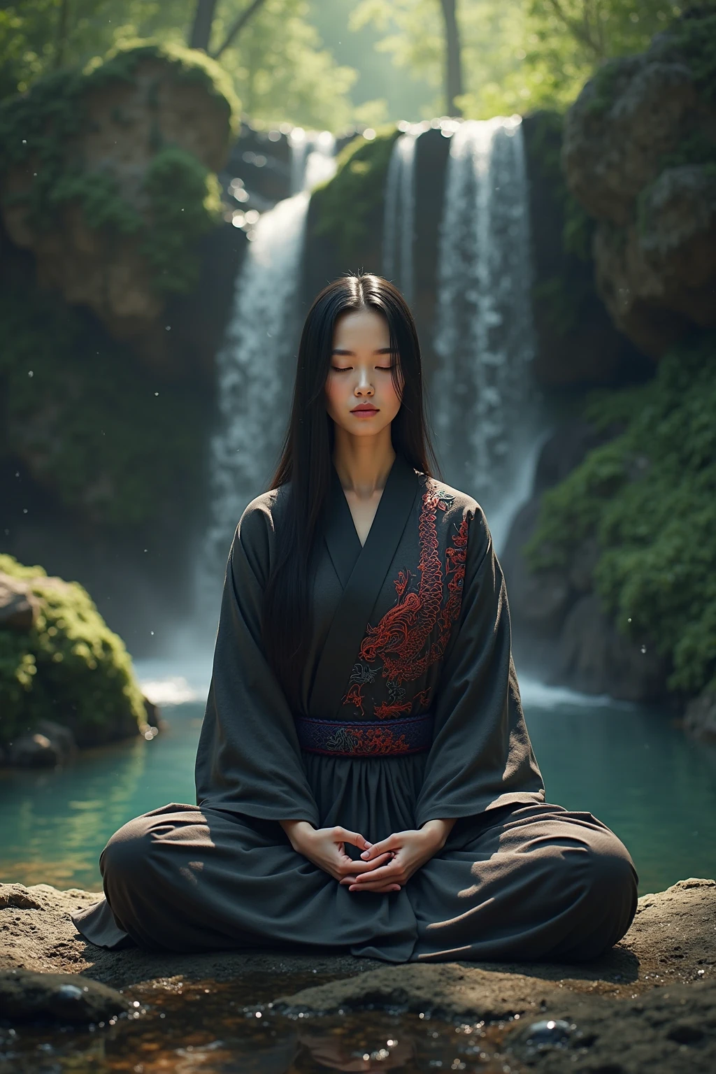 It generates an image in a hyperrealistic and photographic style, in resolution8K, with extremely precise detail and sharp textures. The scene shows a mysterious female ninja, of Caucasian features with Eastern influences and straight black hair that falls gently over her shoulders. stands upright in front of a serene waterfall, in the traditional meditation posture called Seiza (kneeling on her heels, with her hands resting on her thighs).
The image captures her from her knees up, in a three-quarter view, as she looks forward with her eyes closed, conveying a calm and meditative expression, reflecting a deep concentration. Her traditional Japanese meditation suit is embroidered with a single-colored traditional Japanese dragon, with black and red scales reminiscent of fire. The fabric of the suit is subtly textured, showing the natural folds of the fabric.
The waterfall flows gently in the background, with the crystal clear water gliding over the rocks covered in of moss, creating a serene and peaceful environment . Lighting is soft and diffuse, filtering through the surrounding forest foliage, creating a warm glow that delicately illuminates her face and suit. The water droplets in the air catch the light, adding a magical and realistic touch to the scene.
He does not carry weapons, emphasizing her focus on meditation and introspection. The image must be ultra-detailed, with a photographic approach that captures every texture, crease and reflection realistically, from the dragon embroidery to the water droplets in the air. The setting should convey a calm and meditative atmosphere, capturing both the peace of the waterfall's surroundings and her intense inner concentration.