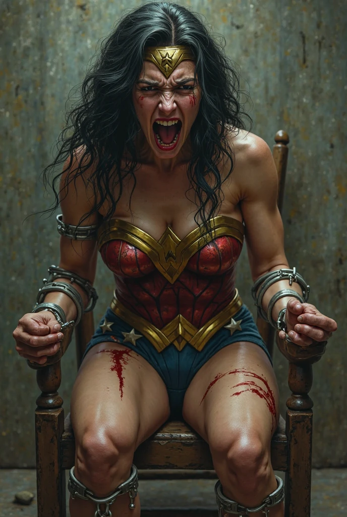 ((She's doing half squats, pernas abertas)), usando uma calcinha rendada estrelada, Without bra. WONDER WOMAN SUPERHEROINE, She is screaming in terror, She is terrified, She is crying a lot. ela tem cabelos escuros, ela tem cabelos compridos. ((She is a filthy whore, IN THE CASTLE DUNGEON, at night)). She's wearing a bandage belt, she's using 7/8 meias rede, usando stilettos high heels. Capturado, Sequestrado, abandonado, Torturado, escravizado, envergonhado. tied with arms above head. She screams and screams to call her enemies and beg for mercy and bursts into tears. em seguida, The ropes run down the middle over her back through her married sleeve swimsuit to tie her legs just above her knees and ankles. Vestindo um obsceno, Apertado, decotado, sleeveless swimsuit. Wearing a grosted metal necklace around the neck. Seus tornozelos, your wrists and neck are fastened with chains. Forced into prostitution. ( She doesn't shave, Ela tem muito cabelo nas axilas, She has a lot of hair in the pubic area. your clothes are wet, your pubis is swollen.(Sua urina corre pelas pernas dela, dripping on the floor. It has a large puddle of urine on the floor). She's hurt, Ela tem hematomas por todo o corpo, she's scratched. Usando uma renda de fita de empregada