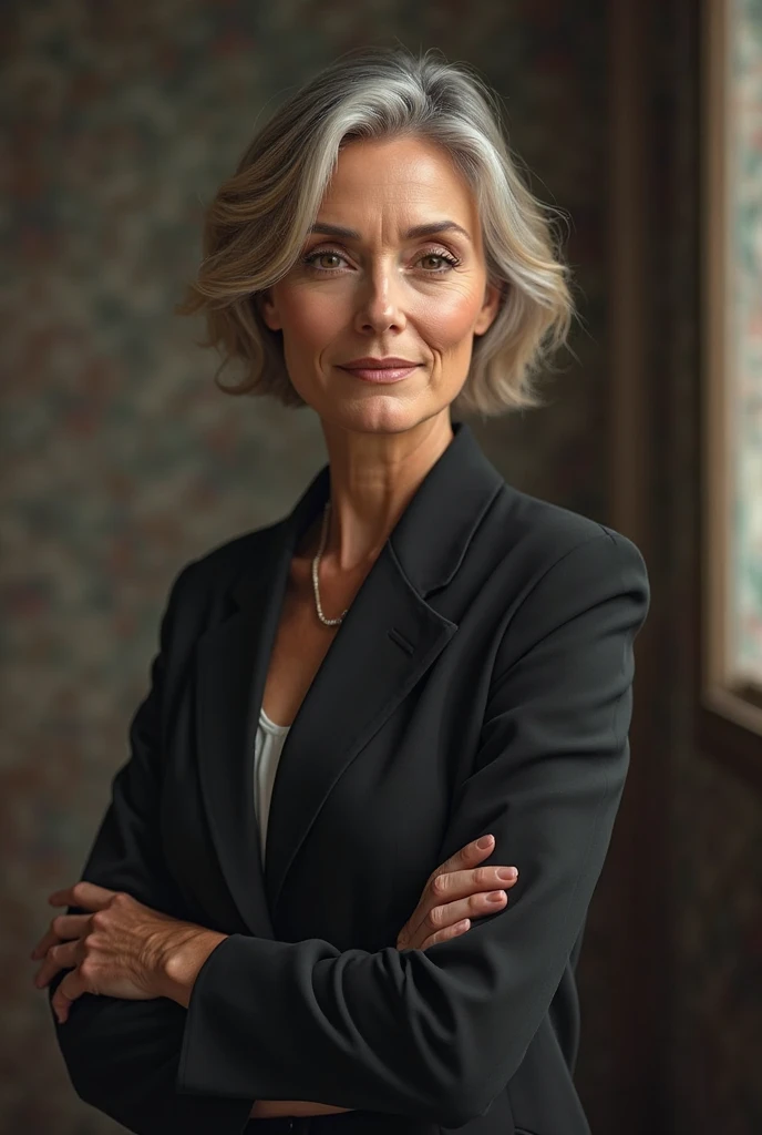 50 year old woman, with elegant clothes, looking with a demanding look