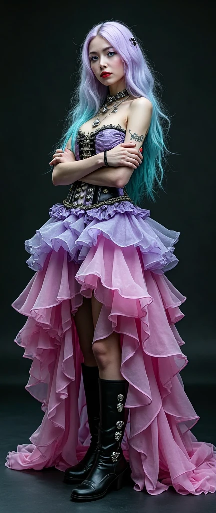 (tmasterpiece,top-quality,best qualityer,,offcial art,Beauty and aesthetics:1.2),(1girll:1.3),(s fractal art:1.3),The upper part of the body,Elegant dress,seen from the side,looking at viewert,(rainbow colour hair,The color hair,Half blue and half pink hair:1.2),Eau,liquids,clouds,Colorful,Starry,As estrelas,