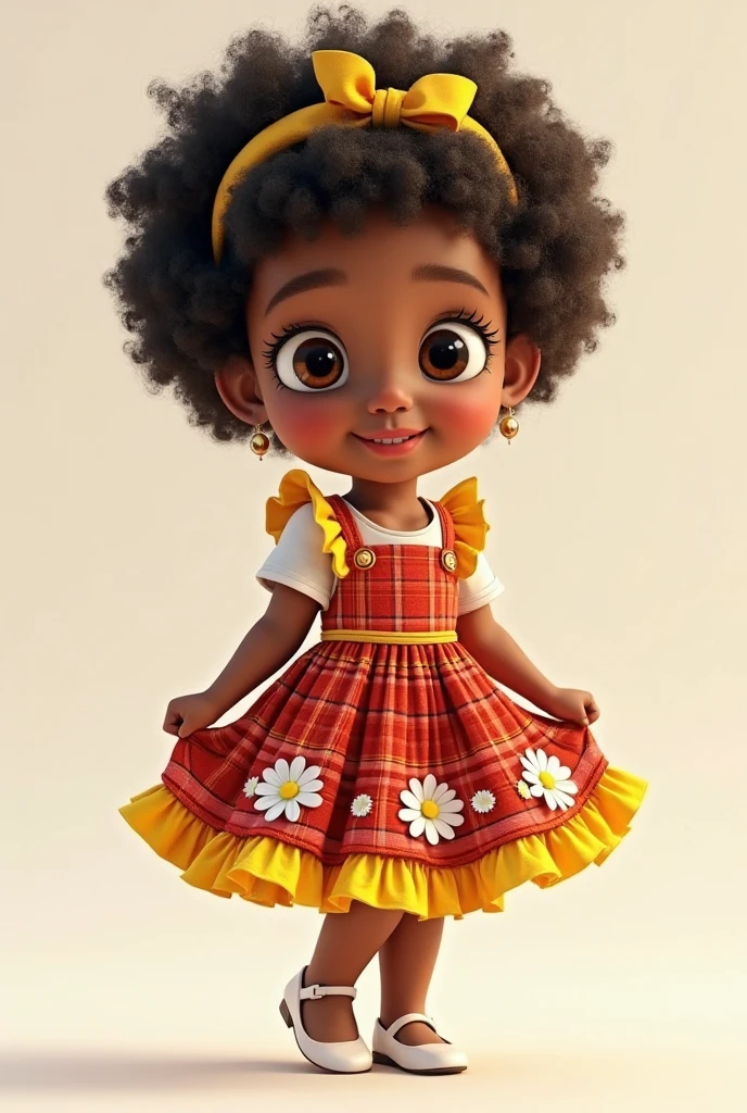 cute 8 monts baby girl, black skin, curly hair, wears a red dress, smiling, standing in a tree