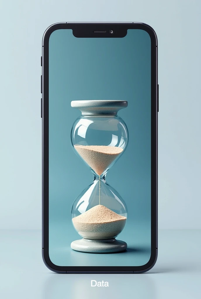 "A sleek modern smartphone screen displaying an hourglass almost out of sand. The sand inside represents 'Data' and is running out fast, with only a few grains left at the bottom. The user looks anxious as they watch their data depleting. Suddenly, a bright ‘Bytte Charge’ top-up button appears, and as soon as it is tapped, the hourglass flips over and instantly refills with fresh data. The user’s face changes from stress to relief. The background is blank