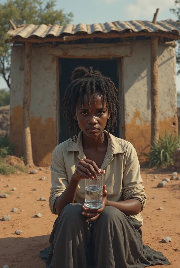 Generate an image of an African modern black woman skinny in afro washing clothes in a village setting